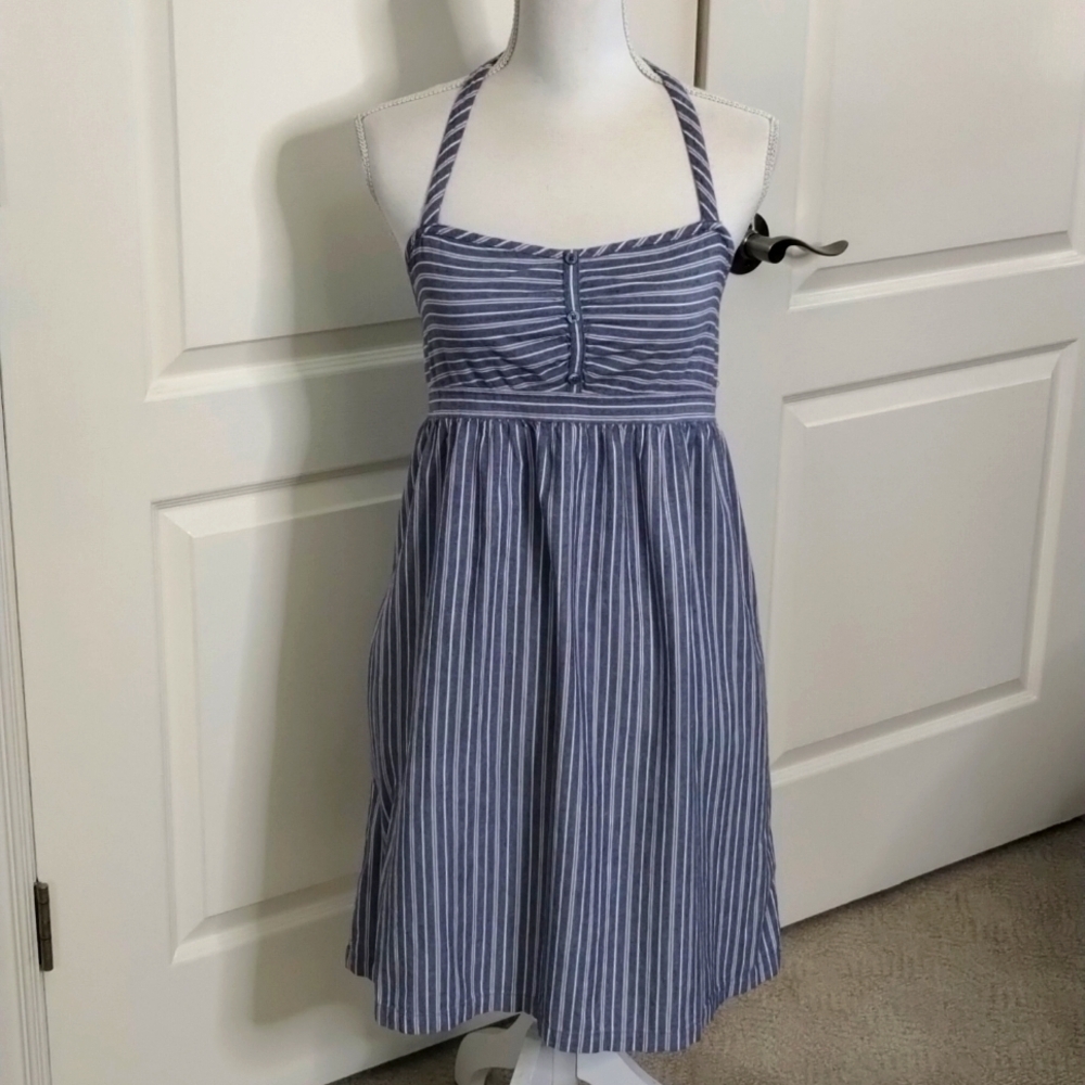 Old Navy blue lightweight denim halter summer dress medium striped white/red